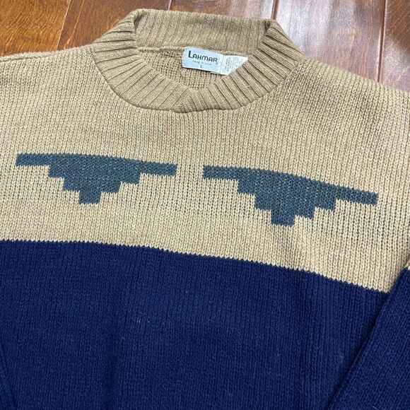 Lahmar Vintage 70s Pullover Navy Tan Wool Blend Sweater Men's Size Large - Picture 2 of 7